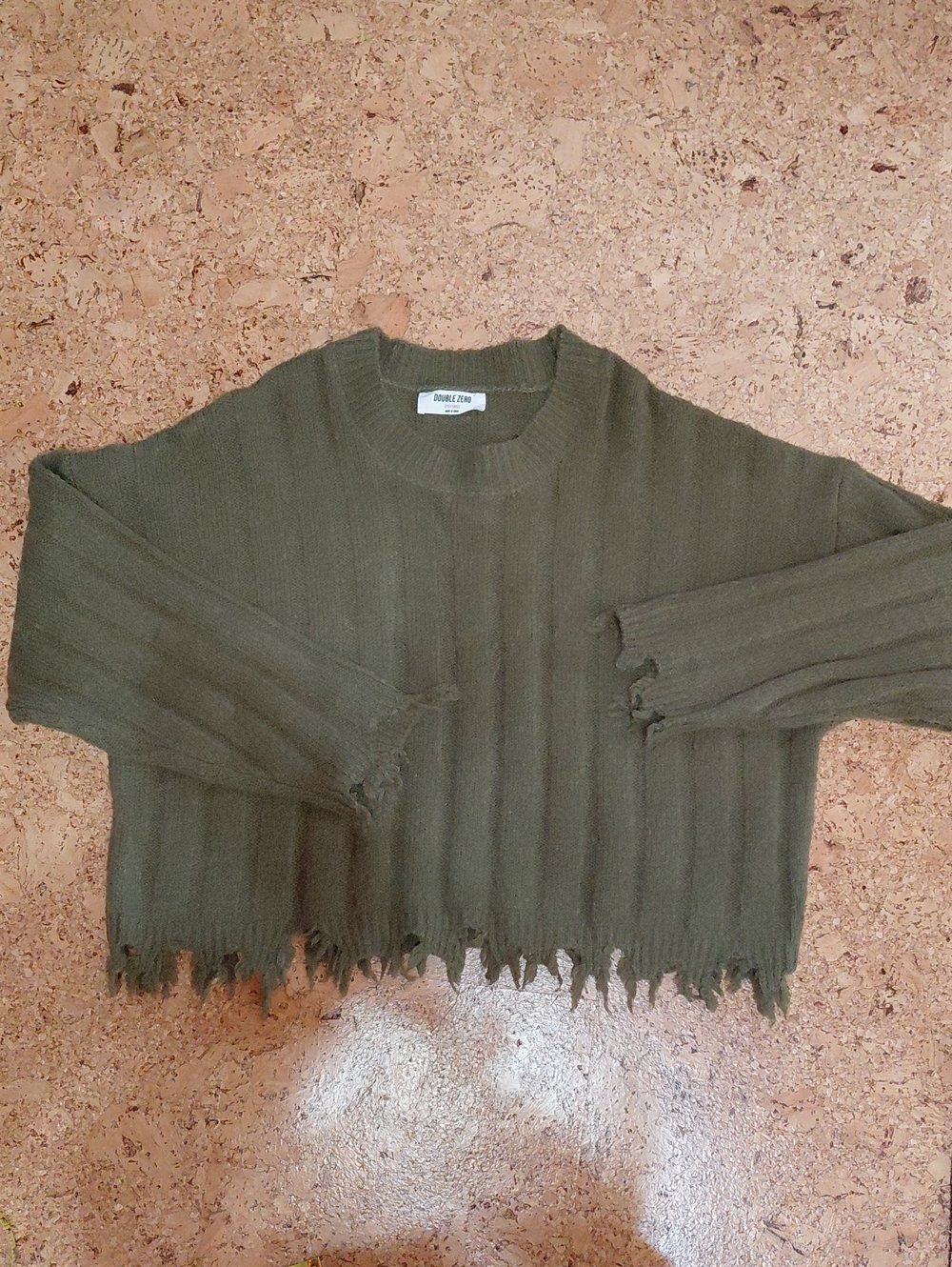 Double Zero Olive Distressed Ribbed Knit Scoop Neck Sweater Size S